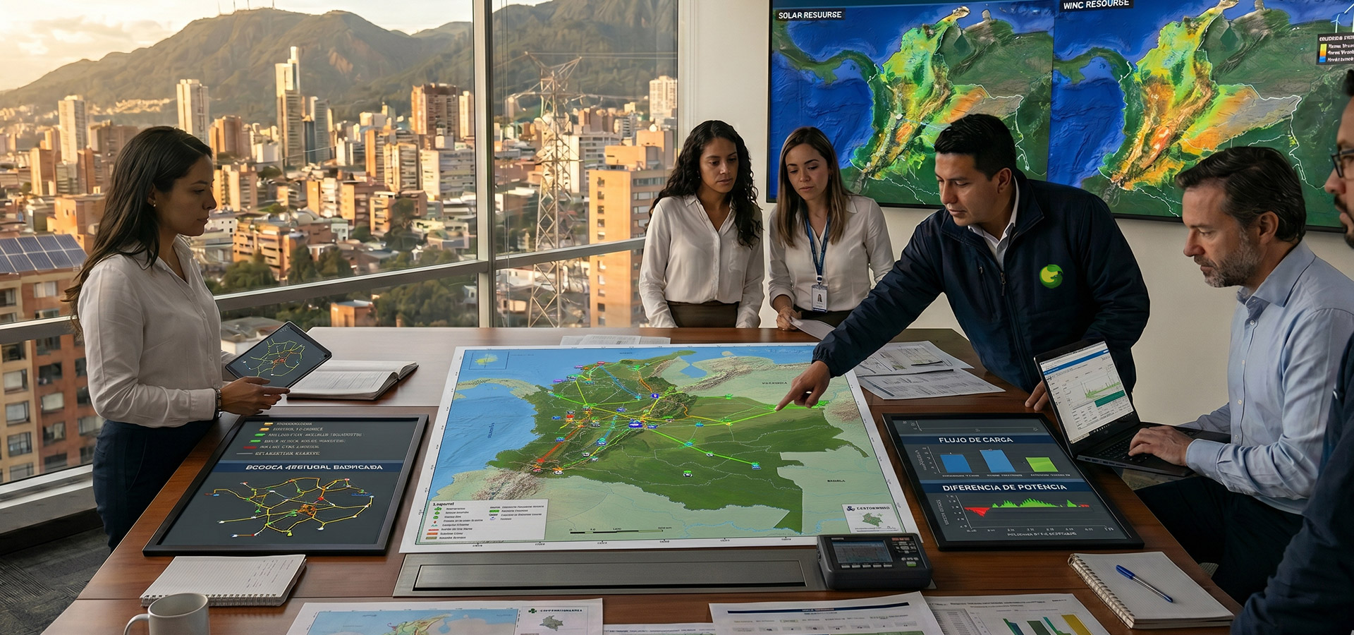 equipo-ingenieria-analisis-datos-energeticos Equipo de ingeniería de Solar Fox analizando mapas de potencial energético y datos técnicos en oficina corporativa.