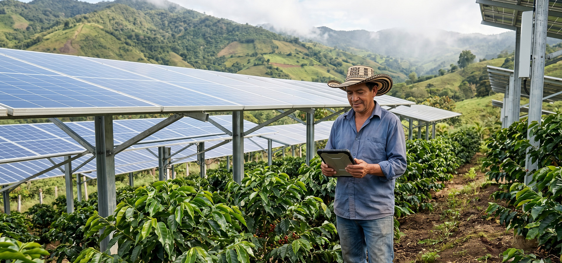 energia-solar-agroindustrial-cultivo-cafe Agricultor utilizando tecnología digital para monitorear sistema de energía solar fotovoltaica en cultivo de café.