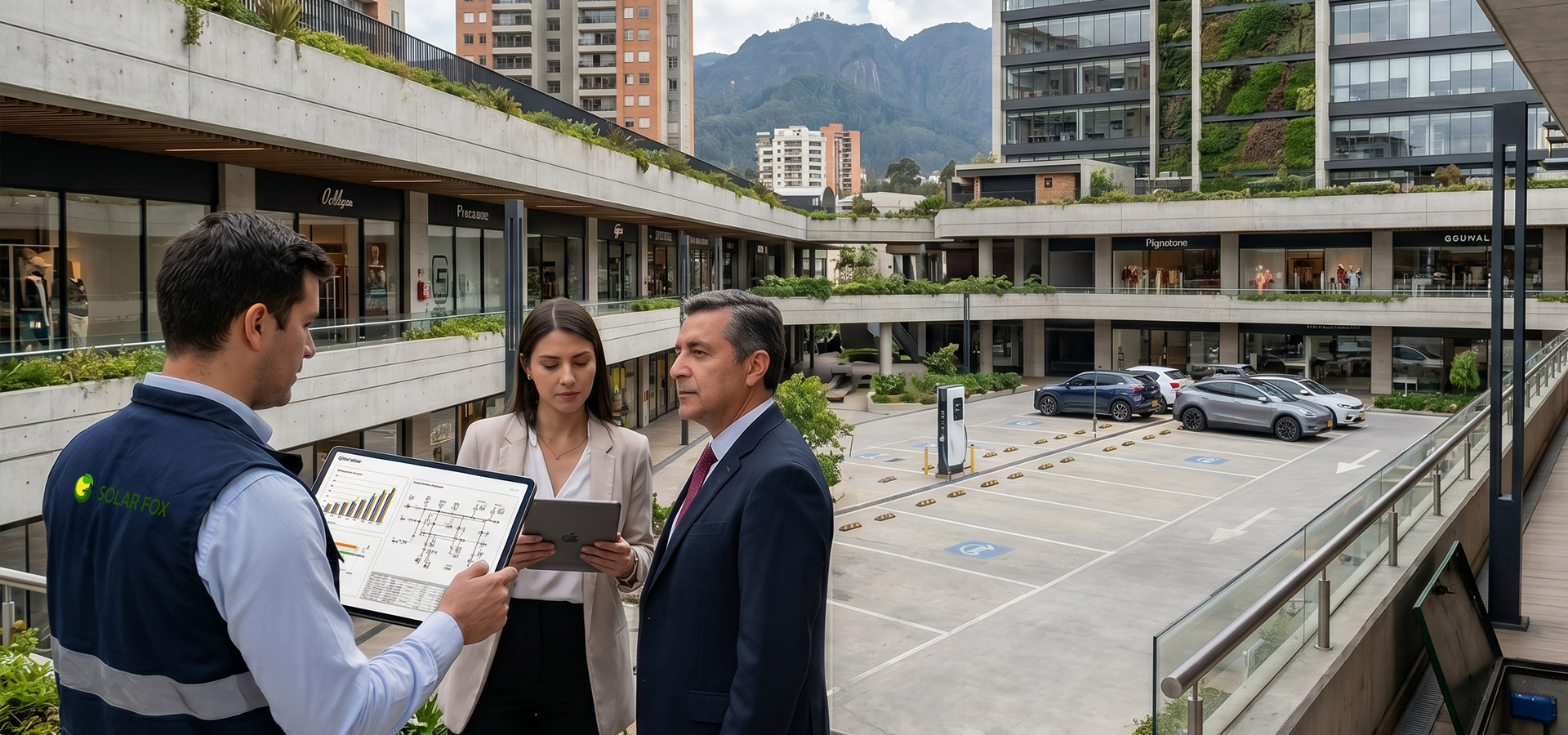 consultoria-tecnica-carga-vehiculos-electricos Consultor técnico de Solar Fox presentando estudio de viabilidad energética para cargadores de vehículos eléctricos en centro comercial.