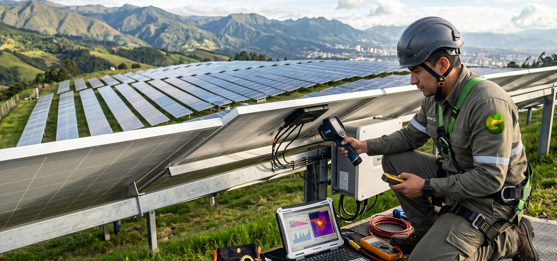 inspeccion-termografica-mantenimiento-solar-fox Técnico de campo de Solar Fox realizando termografía de inspección en paneles solares para verificar eficiencia energética.
