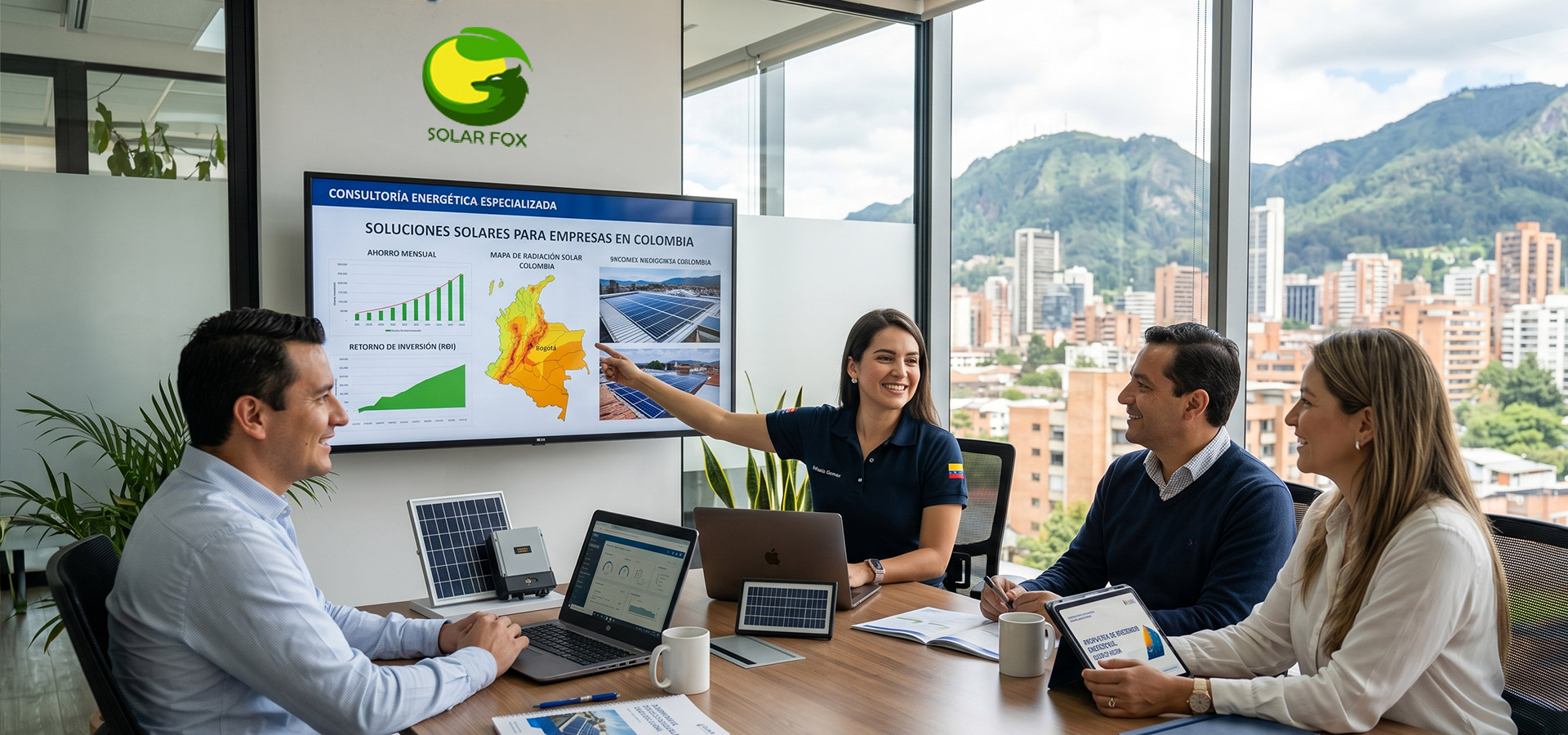 presentacion-soluciones-solares-empresariales-solar-fox Equipo comercial de Solar Fox presentando soluciones energéticas y retorno de inversión a clientes corporativos en oficina.