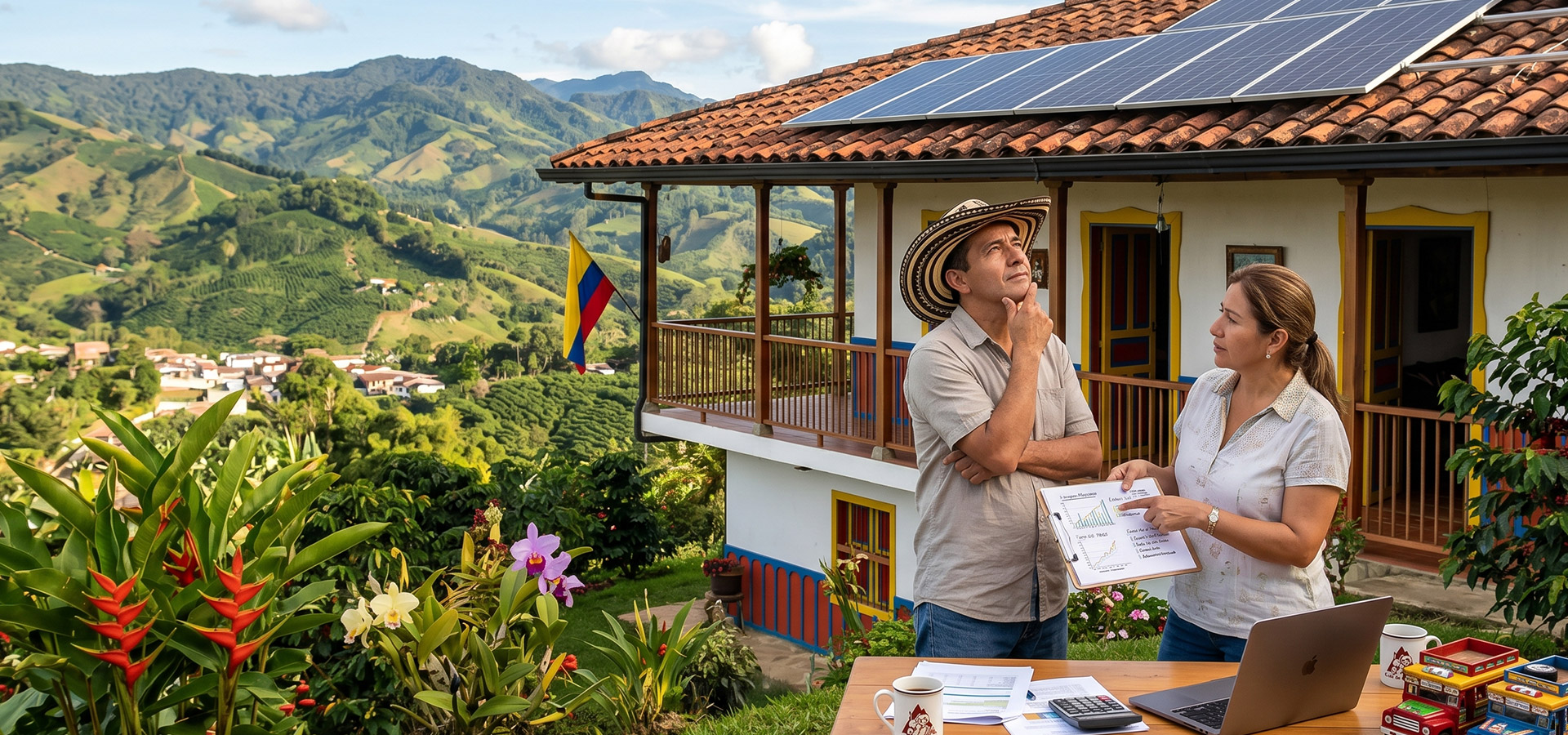 ahorro-energetico-residencial-solar-fox Pareja revisando cálculos de ahorro energético y planos de instalación solar en una vivienda rural colombiana.