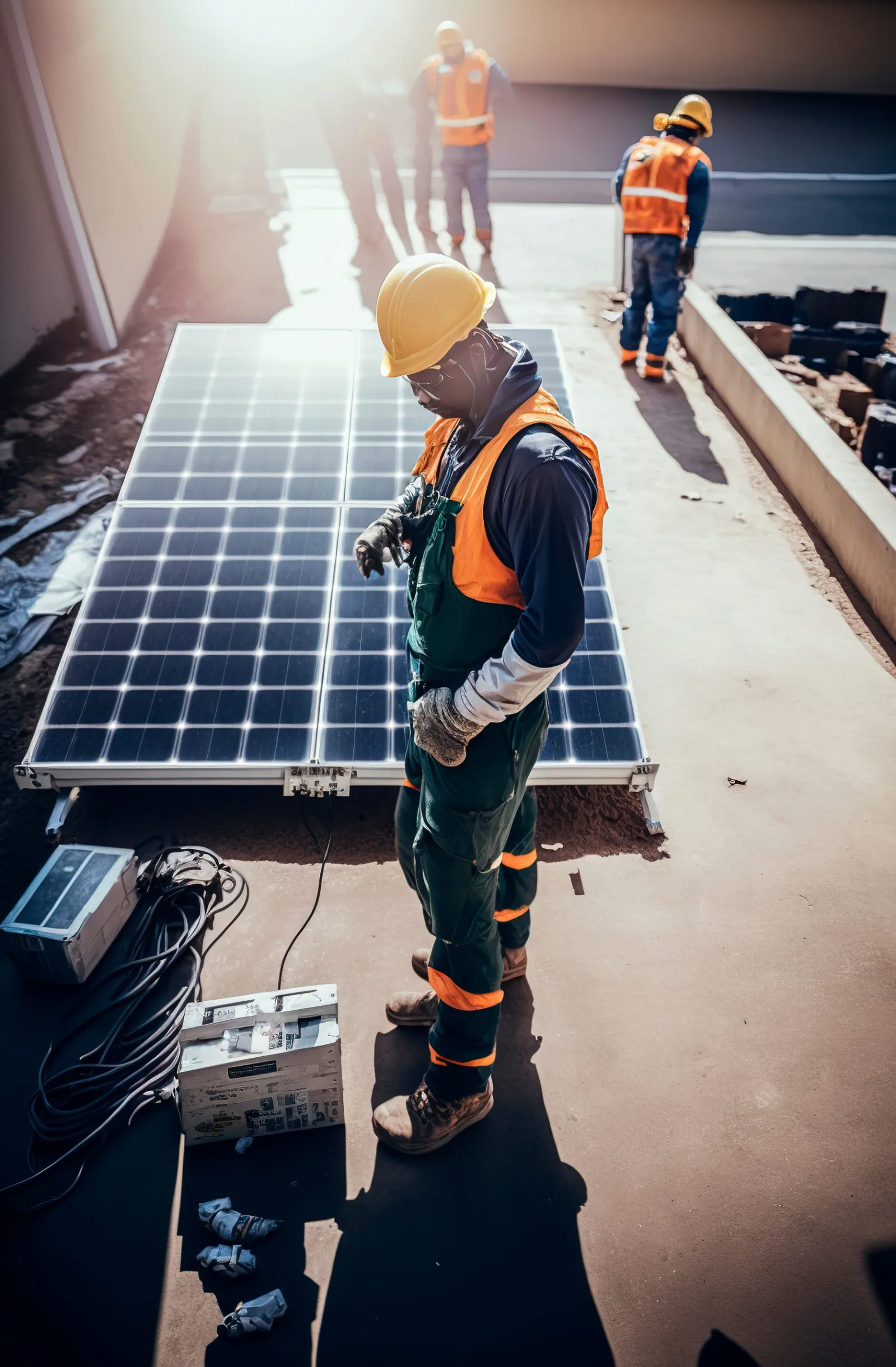Generative AI illustration of Electrician in safety helmet, uniform and working gloves, setting a shiny new solar panel